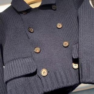 专柜撤回软糯慵懒风高级感藏蓝色翻领长袖 加厚针织毛衣外套女秋