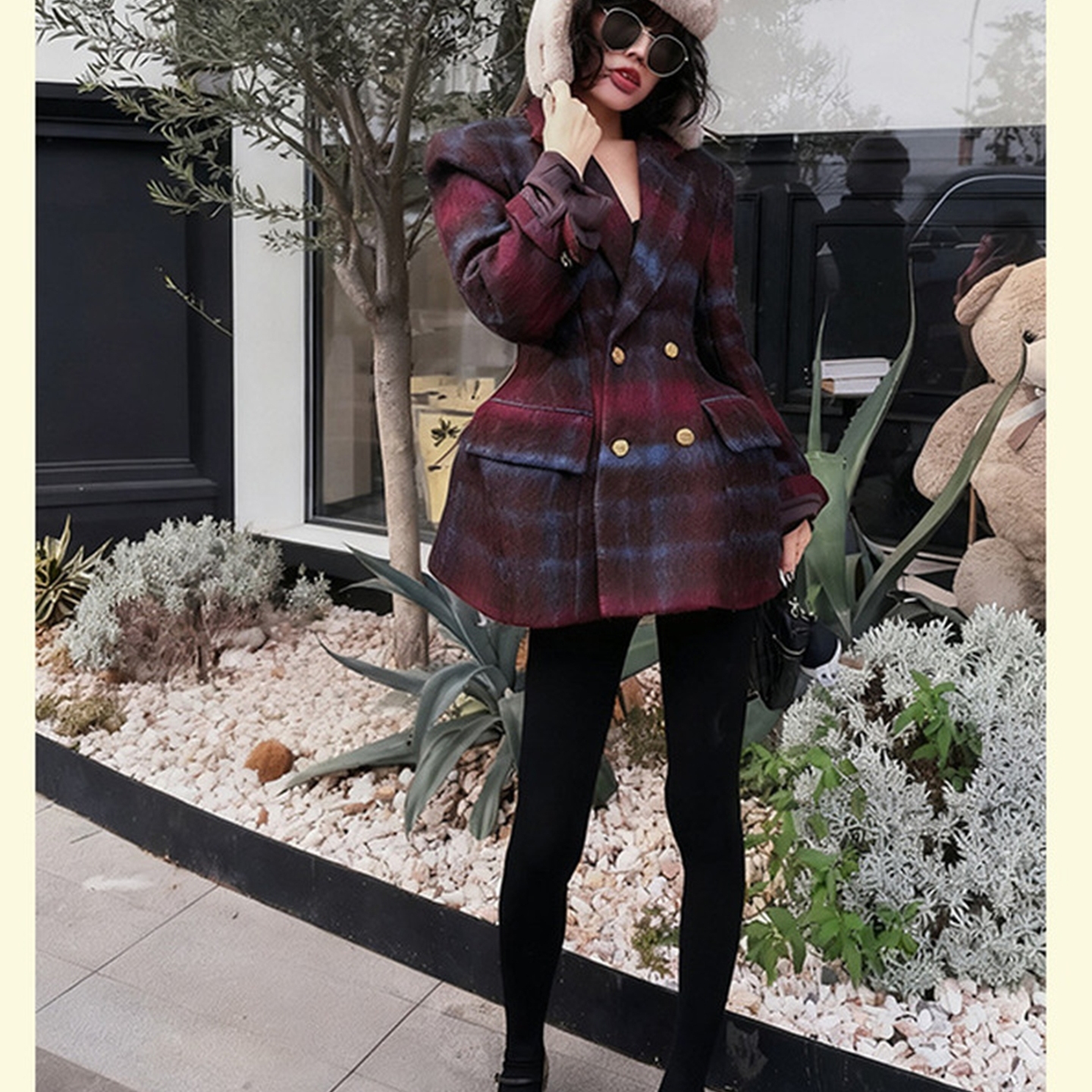 外贸撤回初冬小香风复古百搭气质收腰红色格纹西装毛呢厚外套女