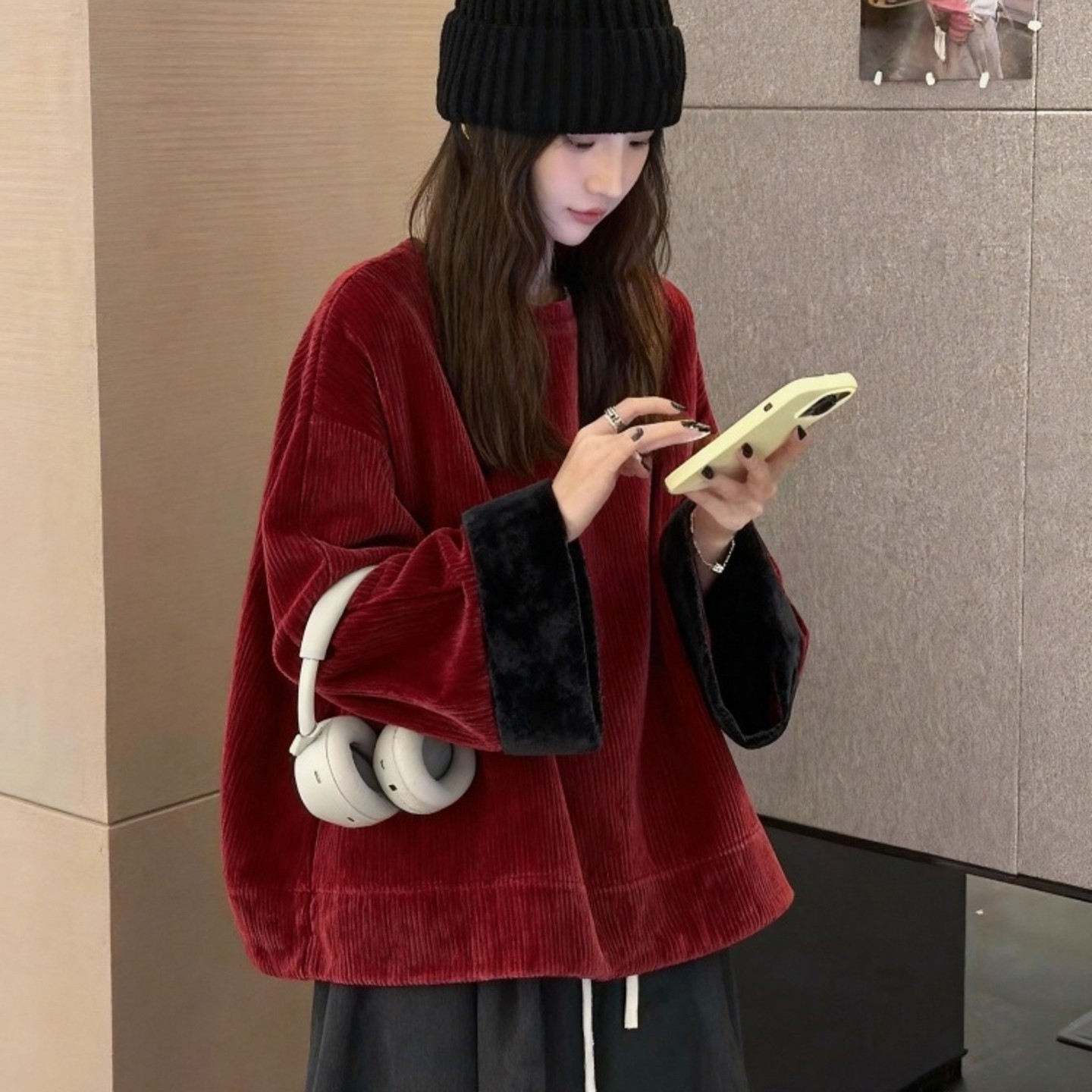 外贸撤回红黑色灯芯绒卫衣秋冬女款加厚宽松慵懒风超好看韩系上衣,女装/女士精品,大码内搭,淘宝优惠券,粉丝福利购,淘宝优惠卷