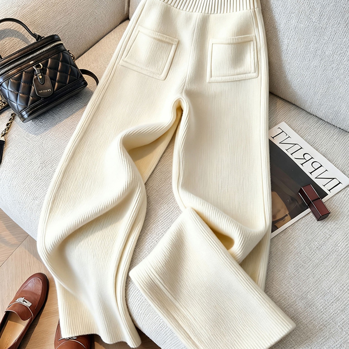 外贸撤回白色裤子女冬加厚巨好看时尚气质松紧腰显瘦直筒阔腿裤