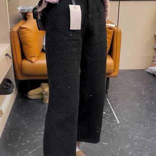 显瘦长裤 专柜撤回粗花呢香风黑色直筒阔腿裤 子百搭女小个子九分裤
