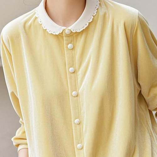 专柜撤回减龄洋气独特别致上衣黄色丝绒娃娃领衬衫2025新款女秋