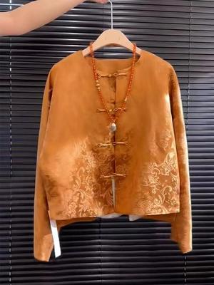 专柜撤回新款新中式国风宋锦上衣高级感气质高端缎面橘色提花外套