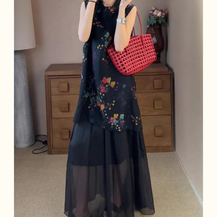女2025夏超火两件套穿搭 商场撤柜女人味气质印花背心半身裙套装