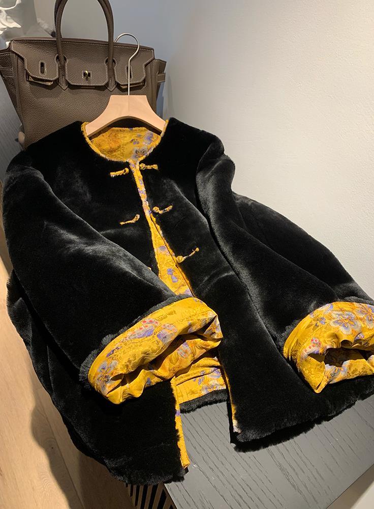 香云纱大衣盘扣中国风皮草外套