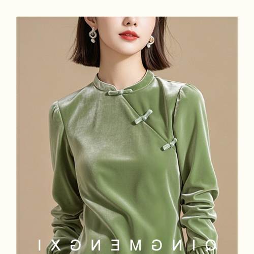 专柜撤回漂亮小上衣女新中式复古宽松百搭立领盘扣绿色丝绒衬衫