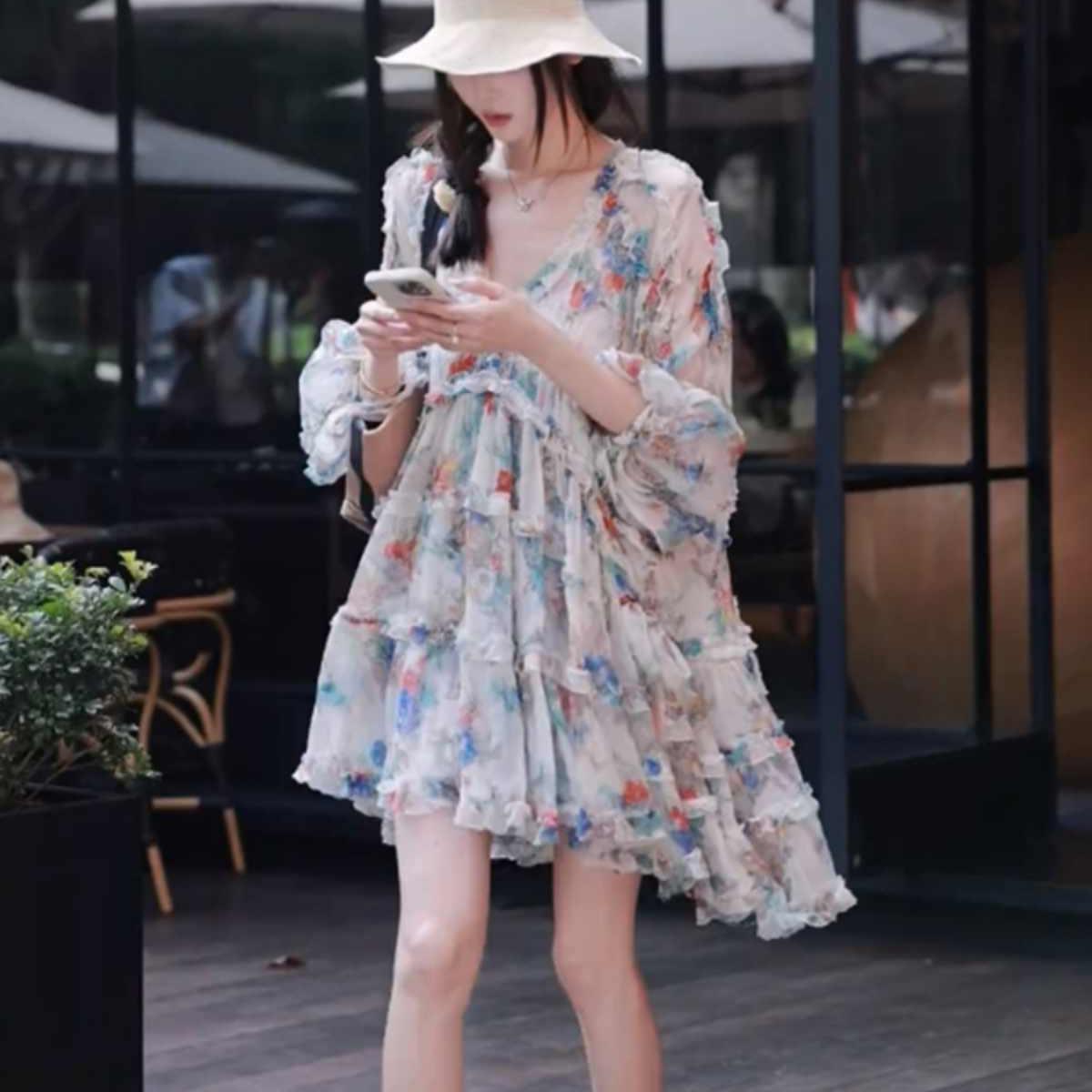 专柜撤回法式宽松显瘦绝美减龄茶歇裙小个子设计感碎花连衣裙女