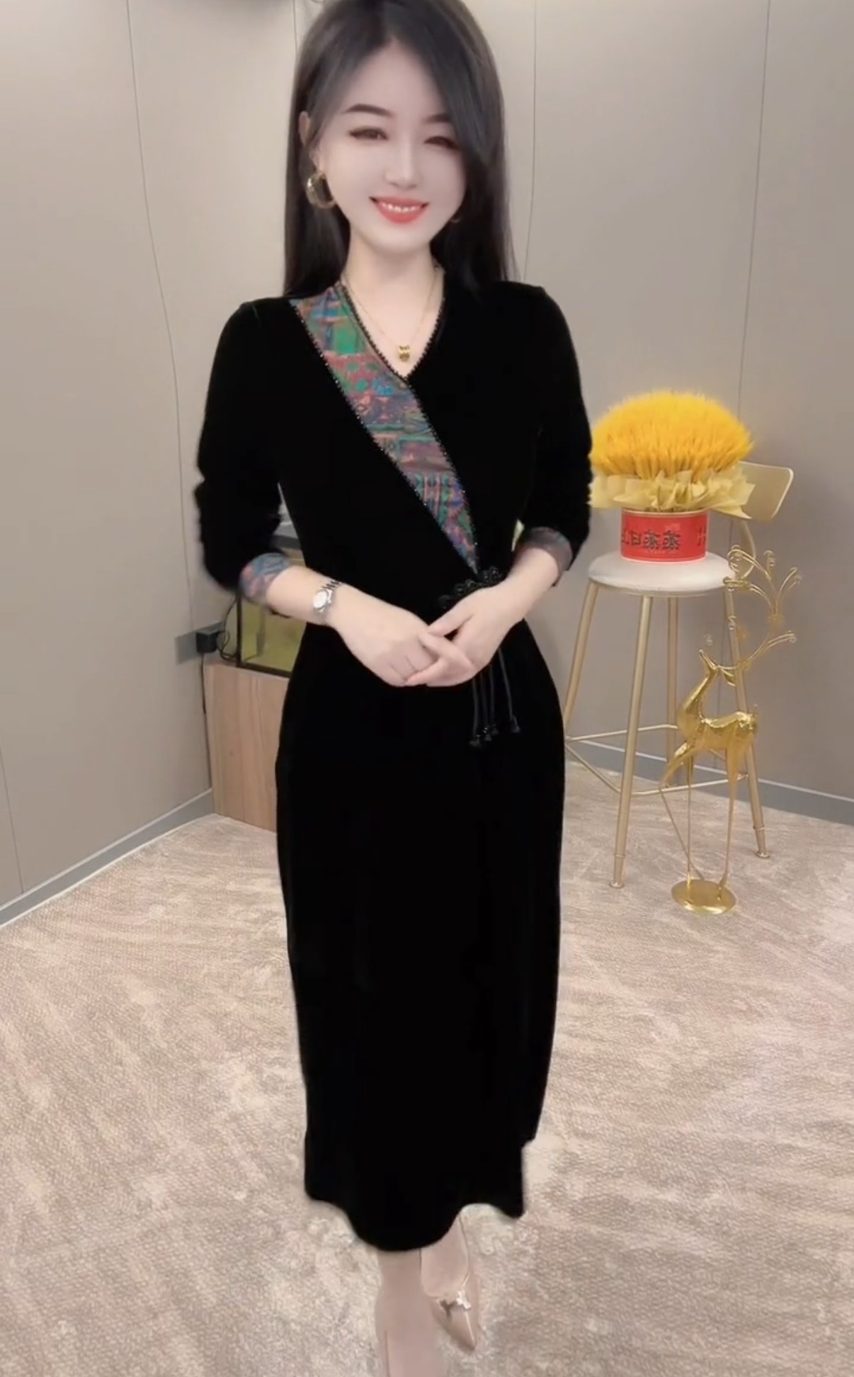 时尚气质百搭洋气拼色女士妈妈裙2025秋冬季新款打底长连衣裙