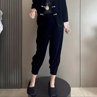 欧货时尚高级感松紧腰黑色金丝绒铅笔裤女2024秋复古显瘦九分裤子