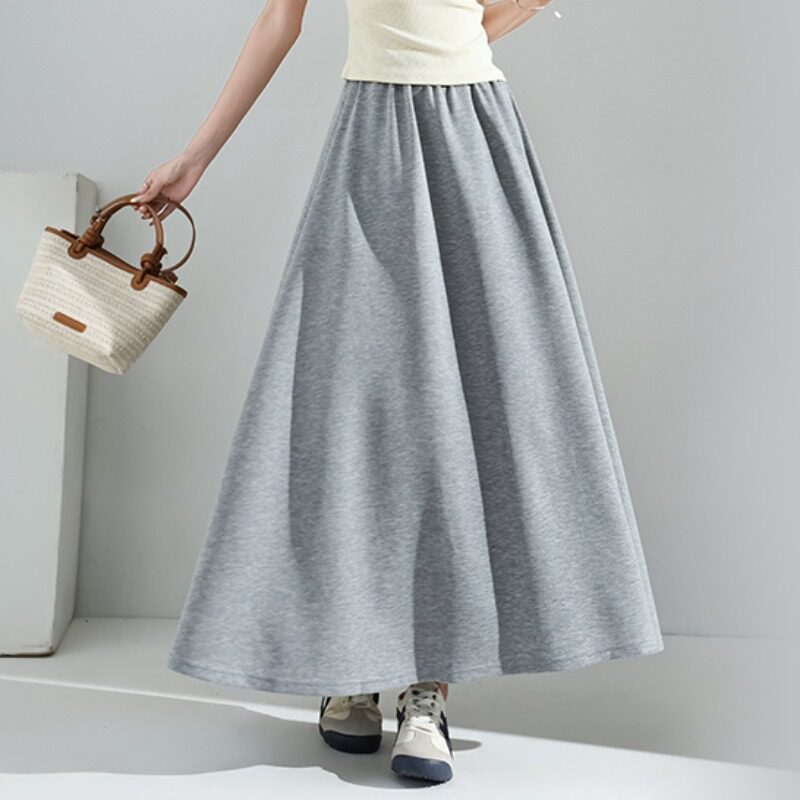 灰色云朵棉半身裙韩版2026新款高腰显瘦a字长裙学院风针织半身裙