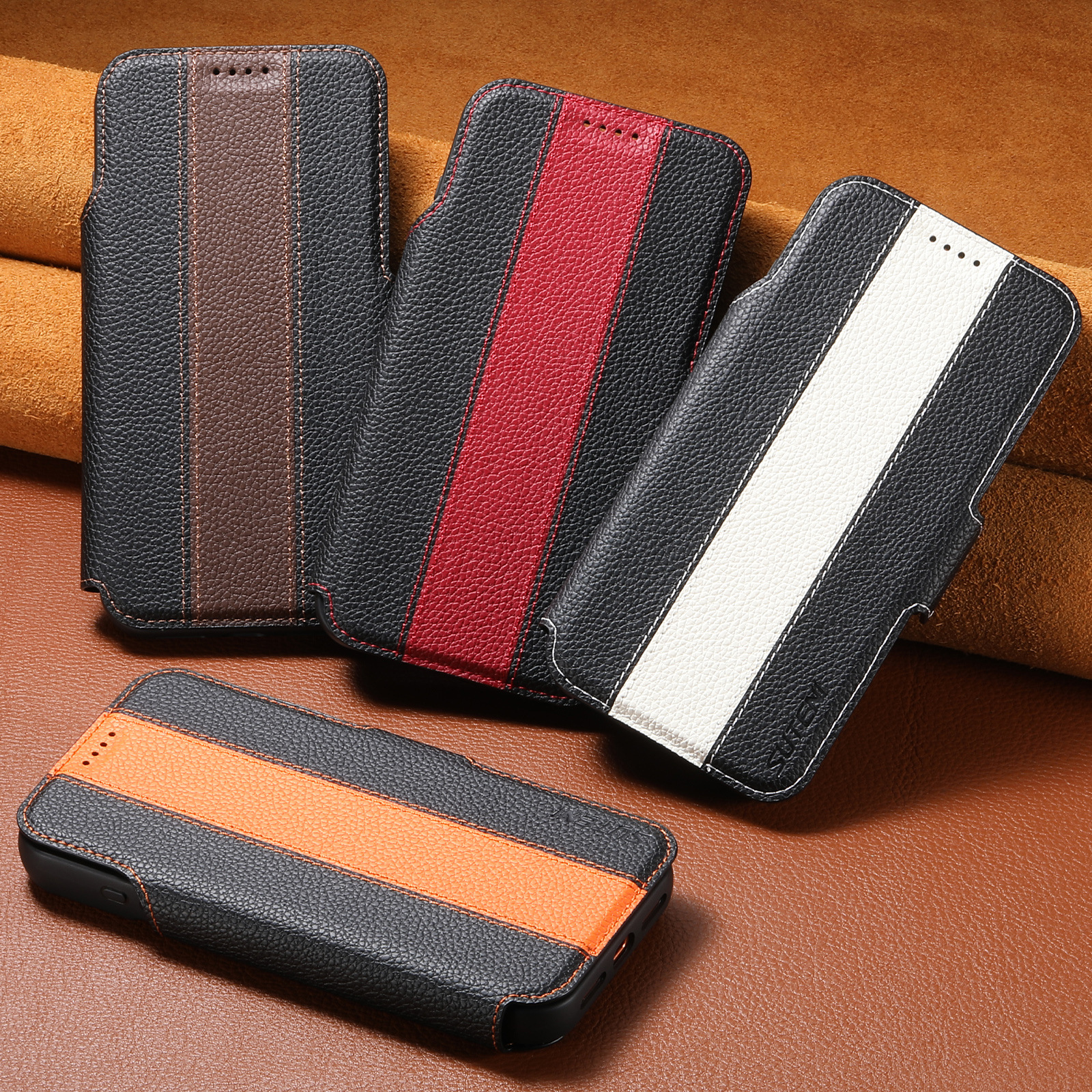 2026iPhone17翻盖手机壳插卡磁吸二合一无线充电支架拼色钱包皮套