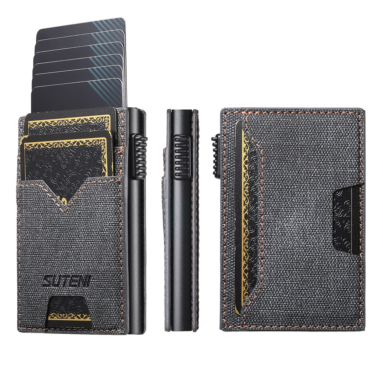 2026TENI牛仔纹磨砂手感皮革按键自动弹出卡片盒插信用卡夹推卡槽