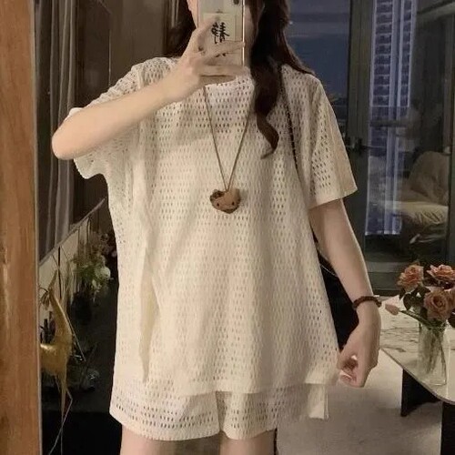大码女镂空T恤阔腿短裤套装