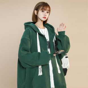 开衫 300斤卫衣女秋冬宽松美式 上衣连帽加绒加厚外套 加肥加大码