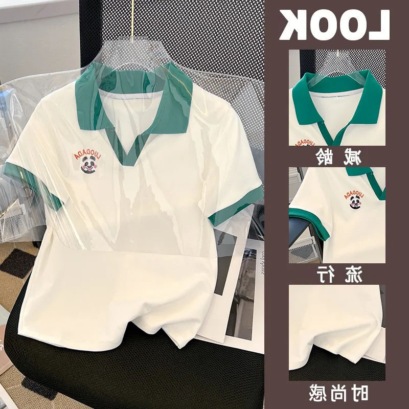 特大码2-300斤polo领短袖t恤女夏天宽松胖mm洋气减龄撞色体恤上衣