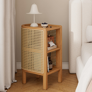 皇力实木藤编床头柜小型家用卧室置物架储物柜一体客厅沙发边几