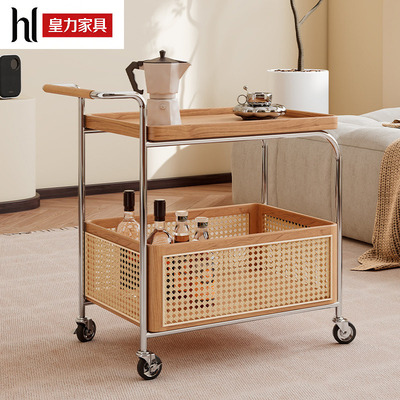 可移动实木边几收纳中古小推车客厅沙发储物置物架藤编简约餐车