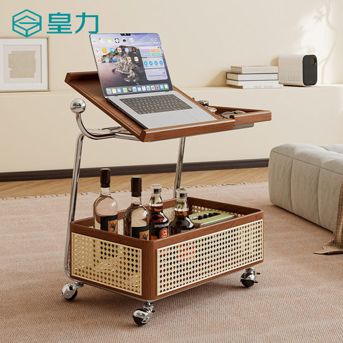 实木边几可移动收纳中古小推车客厅沙发储物置物架藤编简约餐车