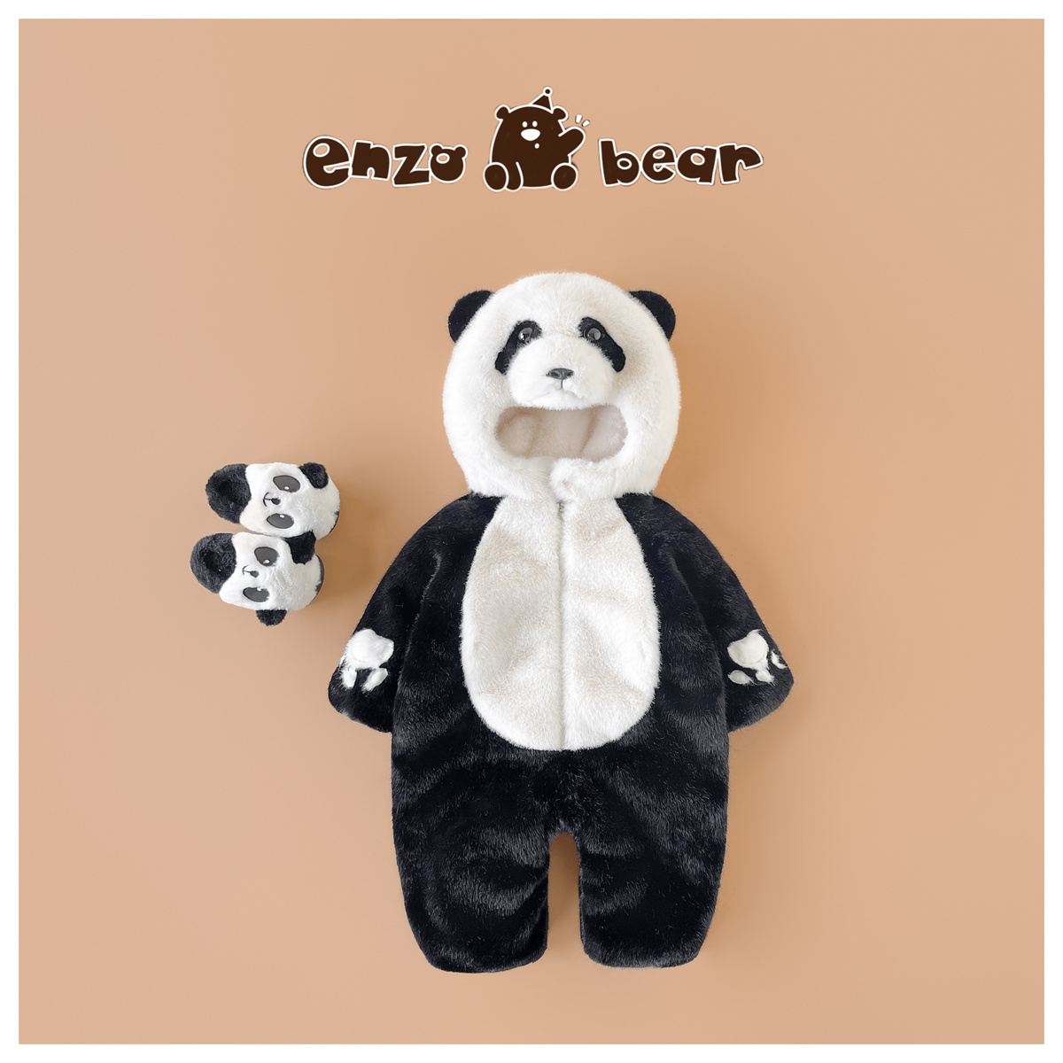 多多 儿童高定款连帽加厚爬服熊猫加绒连体衣 EZX25154