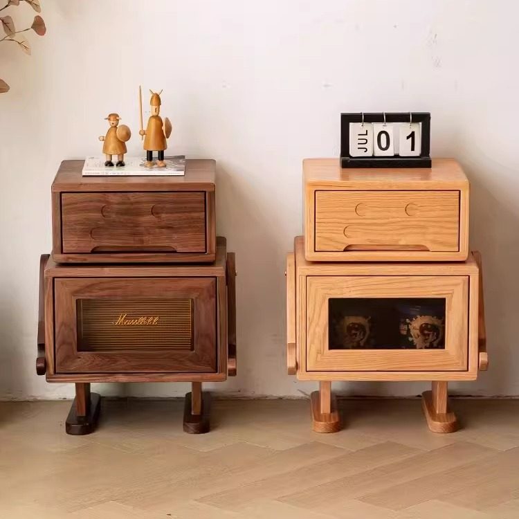黑胡桃木实木床头柜高柜卧室客厅创意沙发边几柜机器人儿童床边柜