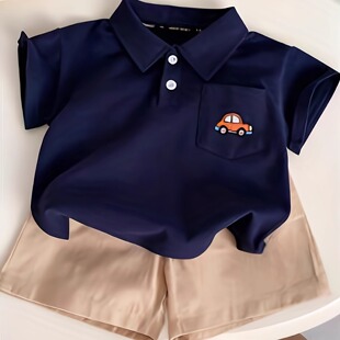 2025夏季新款卡通汽车polo领短袖套装男女宝宝舒适两件套