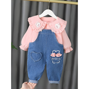 2025韩版女童春秋牛仔背带裤套装洋气荷叶边两件套宝宝装