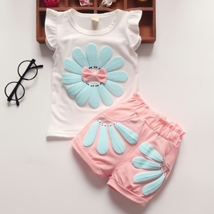 BibiCola女童夏季可爱太阳花印花短袖套装两件套洋气时髦