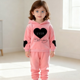 女童爱心连帽卫衣套装秋冬加绒加厚甜美两件套儿童运动服