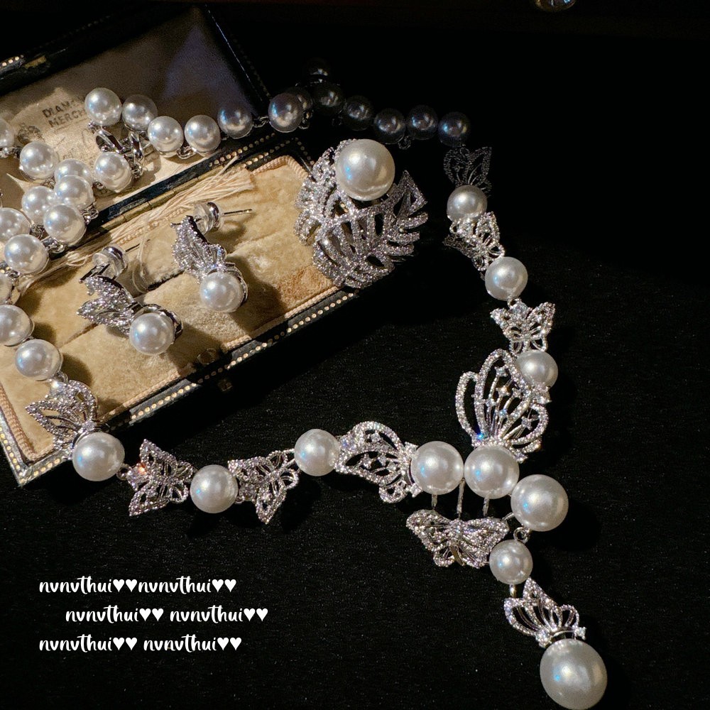 奥地利公主蝴蝶宝石珍珠Y字项链Vintage镀18K金 蝴蝶锆石贝珠耳环