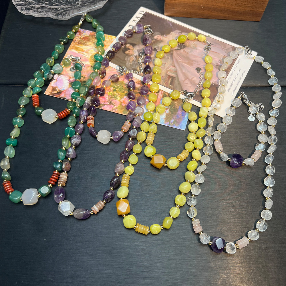 复古vintage两件套天然石玉髓东陵玉黄玉髓百手工串珠项链手链女