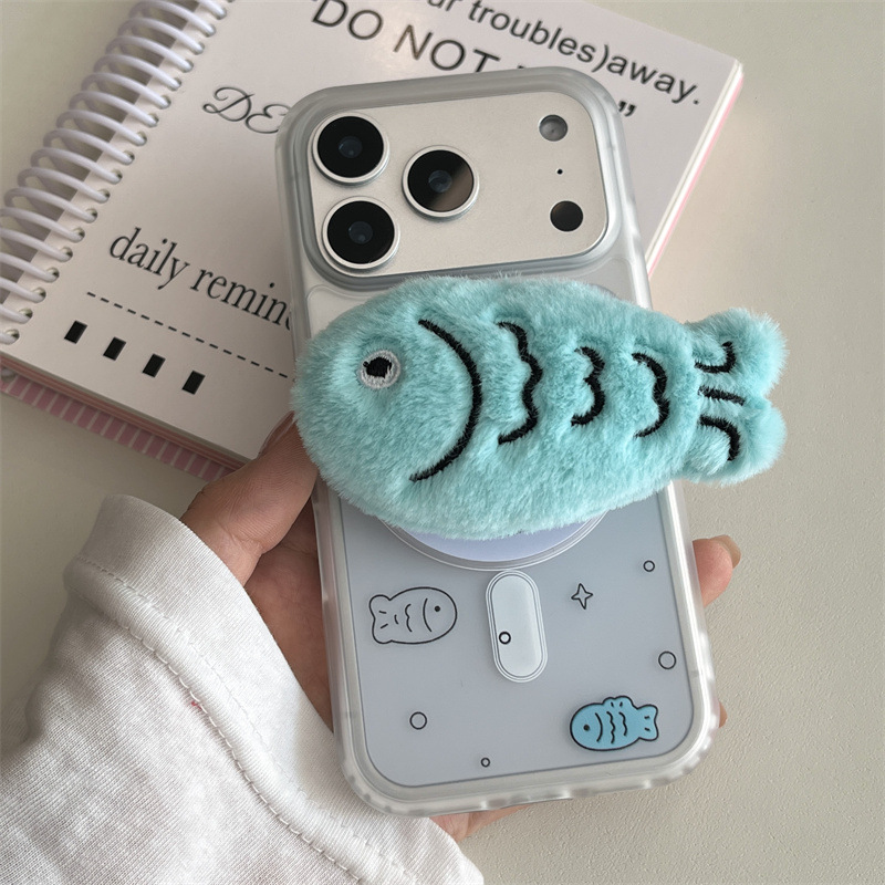 韩系线条毛绒小鱼磁吸支架适用iPhone17苹果16ProMax/15/14手机壳
