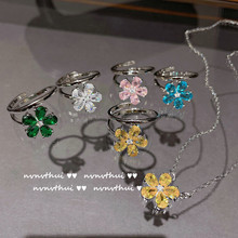 璀璨油画海蓝宝石花朵戒指 镀18K金彼岸花彩宝锆石闪钻指甲戒指