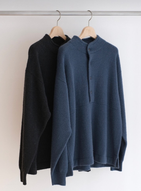 【代购】BATONER 25aw Snap pullover 英产蓝面羊毛亨利领针织衫