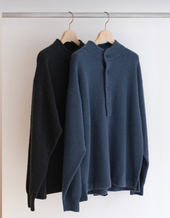 【代购】BATONER 25aw Snap pullover 英产蓝面羊毛亨利领针织衫