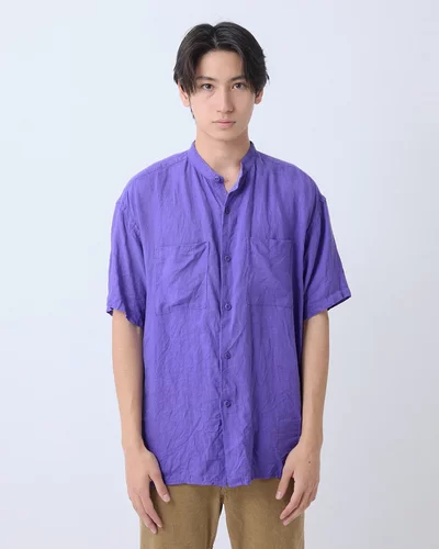 春夏新款亚麻帆布立领短袖衬衫