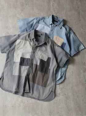 【代购】JS HOMESTEAD 26ss Patchwork chambray补丁做旧短袖衬衫