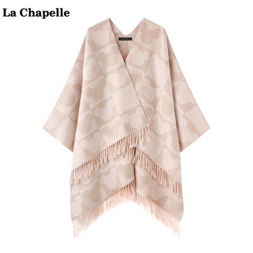 拉夏贝尔/La Chapelle时尚双面提花流苏斗篷披肩秋季气质围巾披风