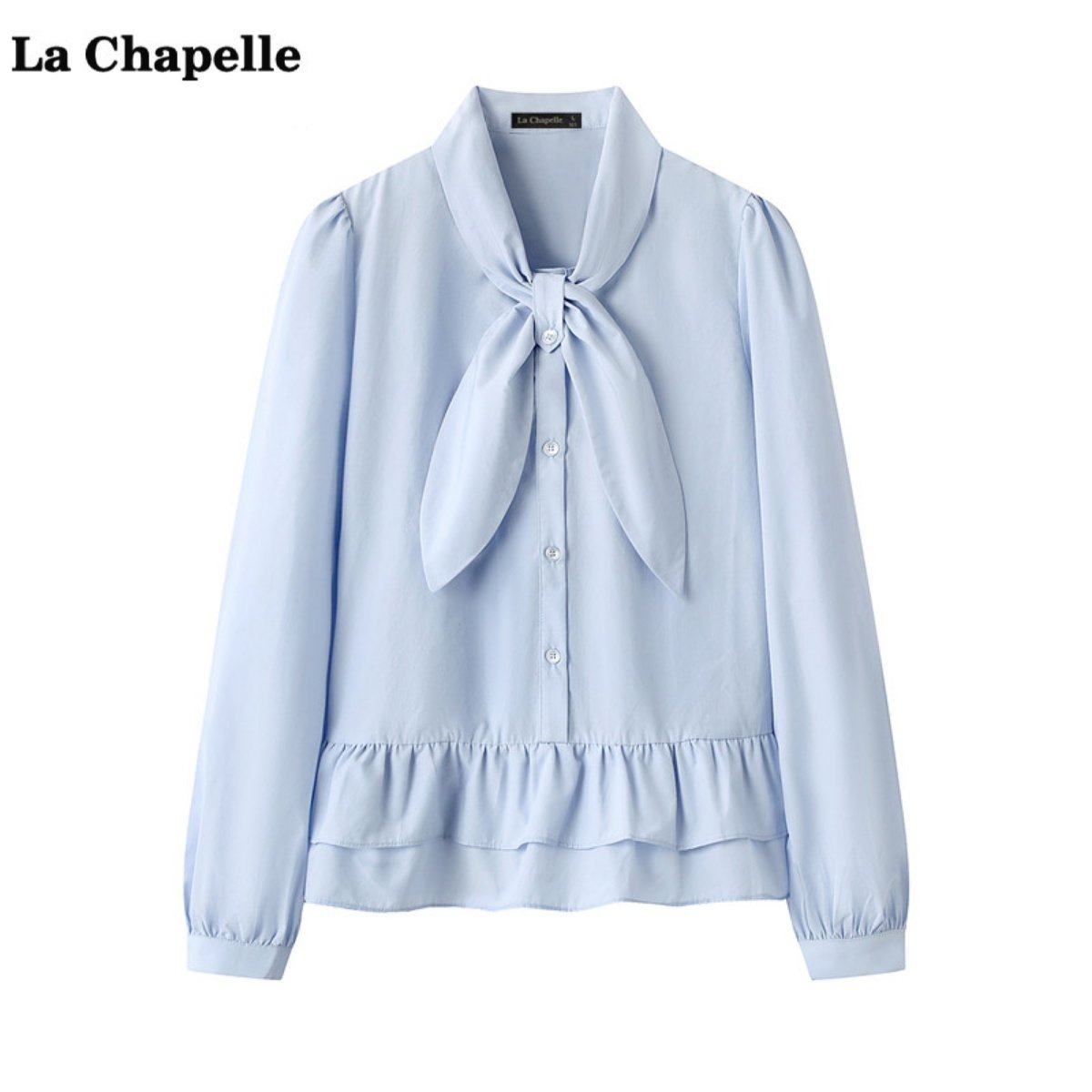 拉夏贝尔/La Chapelle蓝色荷叶边衬衫女秋季新款系带减龄通勤小衫