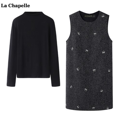拉夏贝尔/La Chapelle春季新款小香风无袖背心裙打底衫两件套女