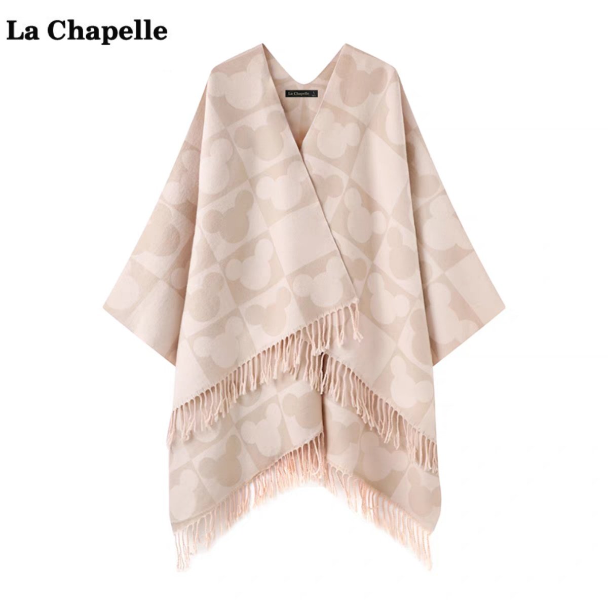 拉夏贝尔/La Chapelle时尚双面提花流苏斗篷披肩秋季气质围巾披风