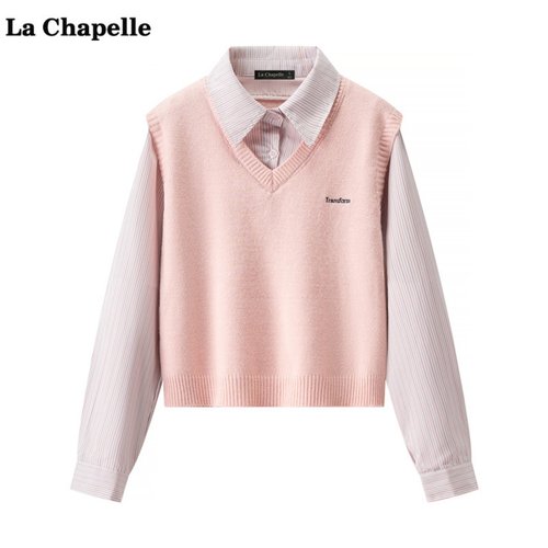 拉夏贝尔/La Chapelle韩系衬衫领假两件针织衫女秋季宽松显瘦上衣