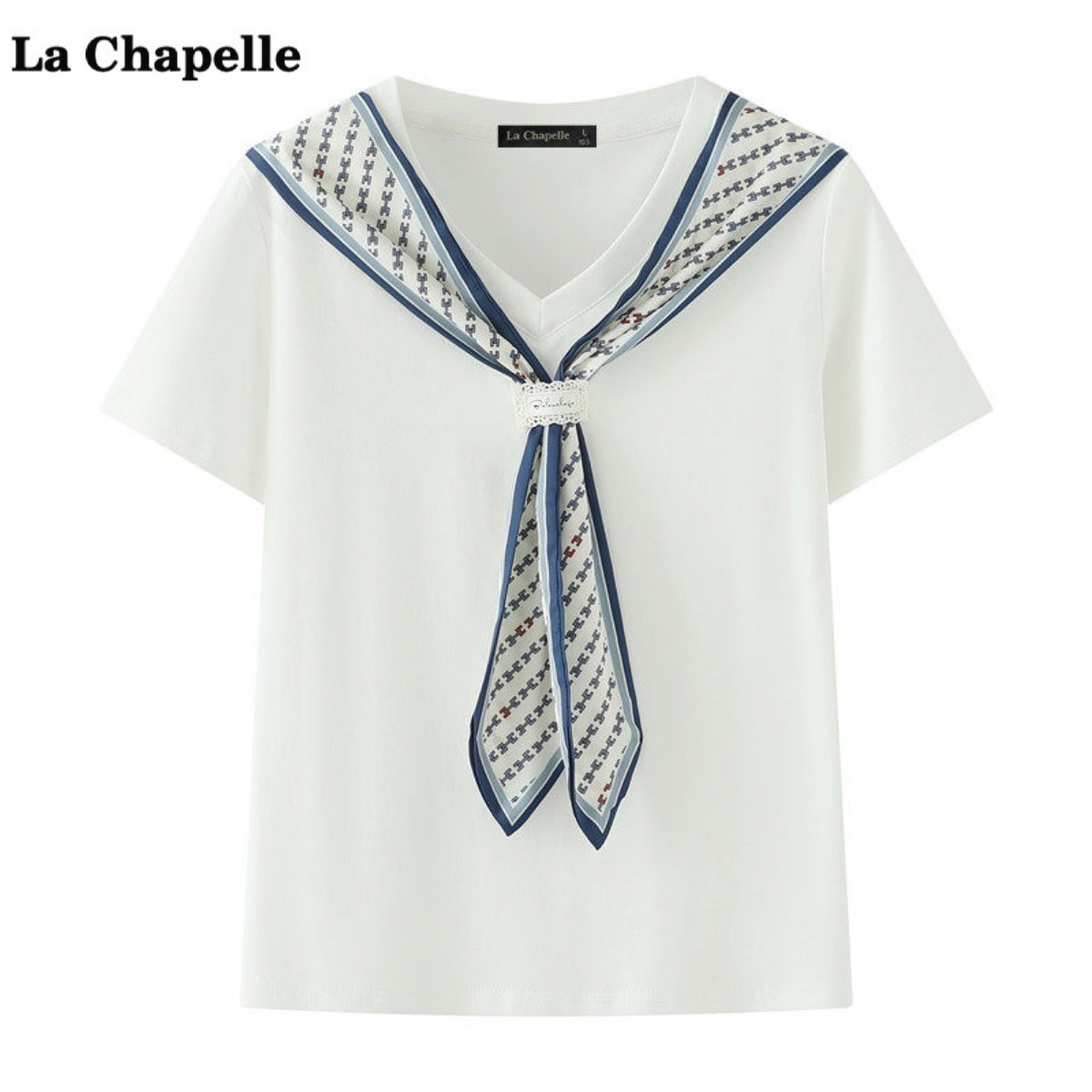 拉夏贝尔/La Chapelle法式气质丝巾V领T恤女夏新款别致显瘦短袖