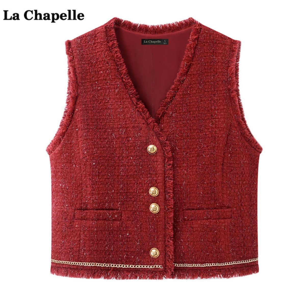 拉夏贝尔/La Chapelle红色粗花呢马甲女春季单排扣V领小香风外套,女装/女士精品,马夹,淘宝优惠券,粉丝福利购,淘宝优惠卷