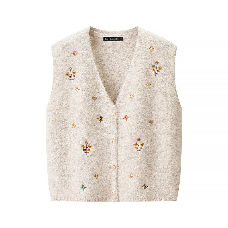 拉夏贝尔/La Chapelle新中式刺绣针织马甲女春季新款软糯叠穿坎肩