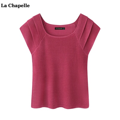 拉夏贝尔/La Chapelle韩版小飞袖针织短袖女夏季时尚镂空U领上衣