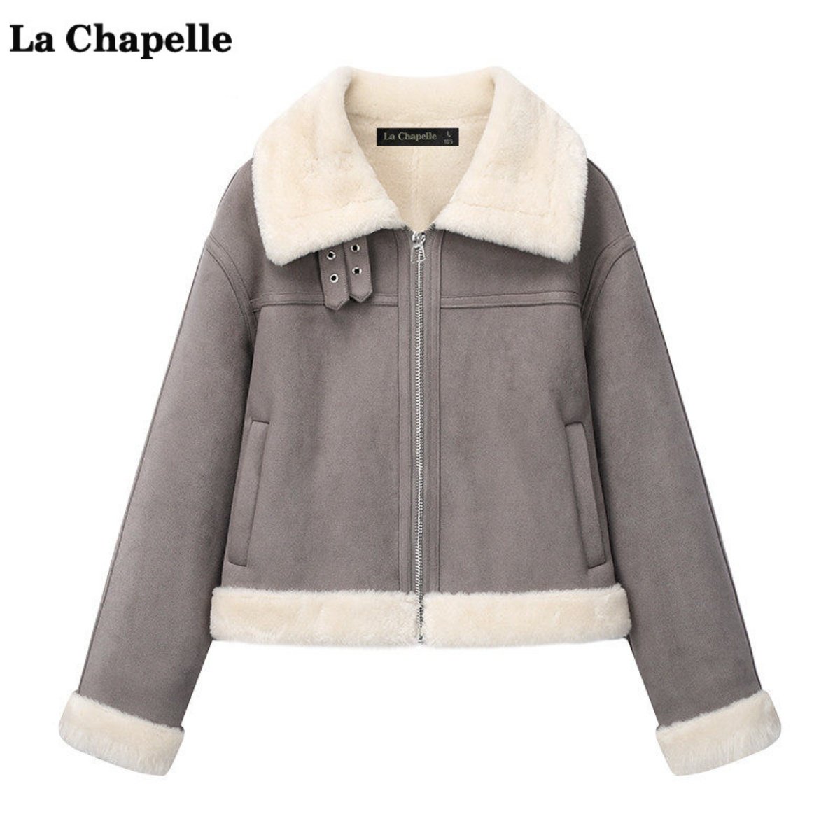 拉夏贝尔/La Chapelle冬季新款皮毛一体加厚麂皮绒外套女保暖上衣