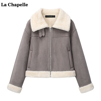 拉夏贝尔/La Chapelle冬季新款皮毛一体加厚麂皮绒外套女保暖上衣
