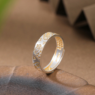 足银999纯银吉言吉语手工描金工艺平安喜乐招财猫开口女戒指指环