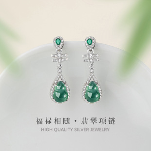 纯银S925镶嵌翡翠葫芦耳环琵琶造型新中式国潮中国风耳坠福禄安康