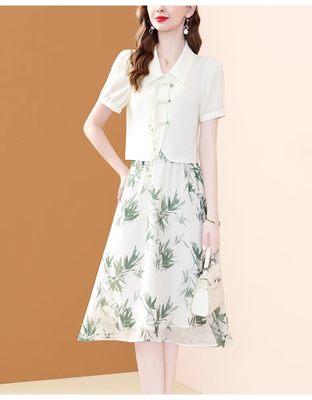 时尚新中式国风套装裙女夏2024新款盘扣短袖衬衫印花半身裙两件套